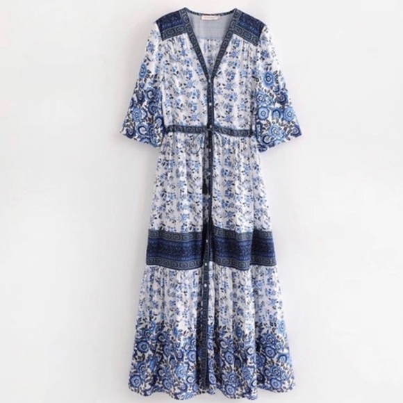 FP To Love Dresses & Skirts - FP To Love | Maxi Dress Boho Blue Floral White Button Down Women’s Size Small